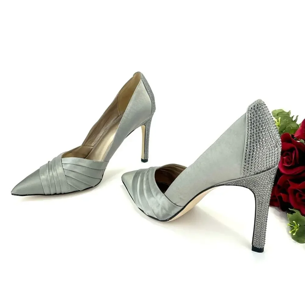 Pelle Moda Stiletto Pump Silver/Gray Satin Sparkly Rhinestone Along The Heel New